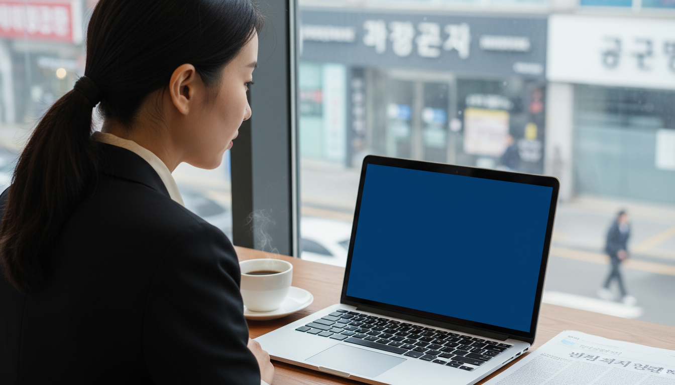 노트북 실적 보고서를 분석하는 여성 투자자
