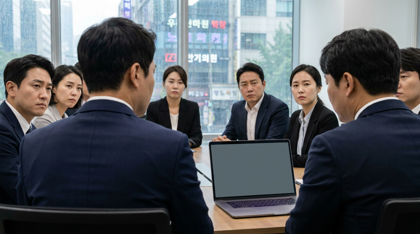 회의실에서 대책을 논의하는 펀드매니저들