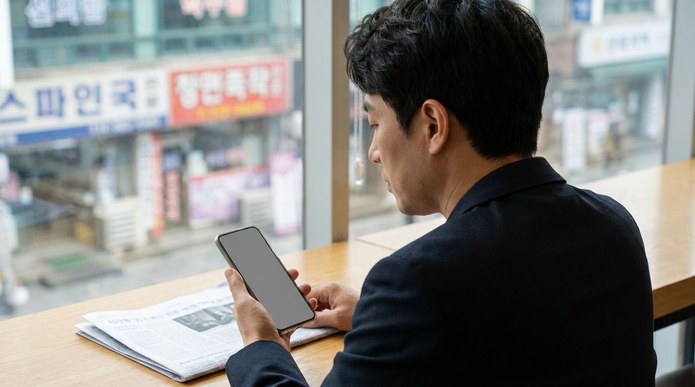 증권사 객장 책상 위의 스마트폰과 경제 신문