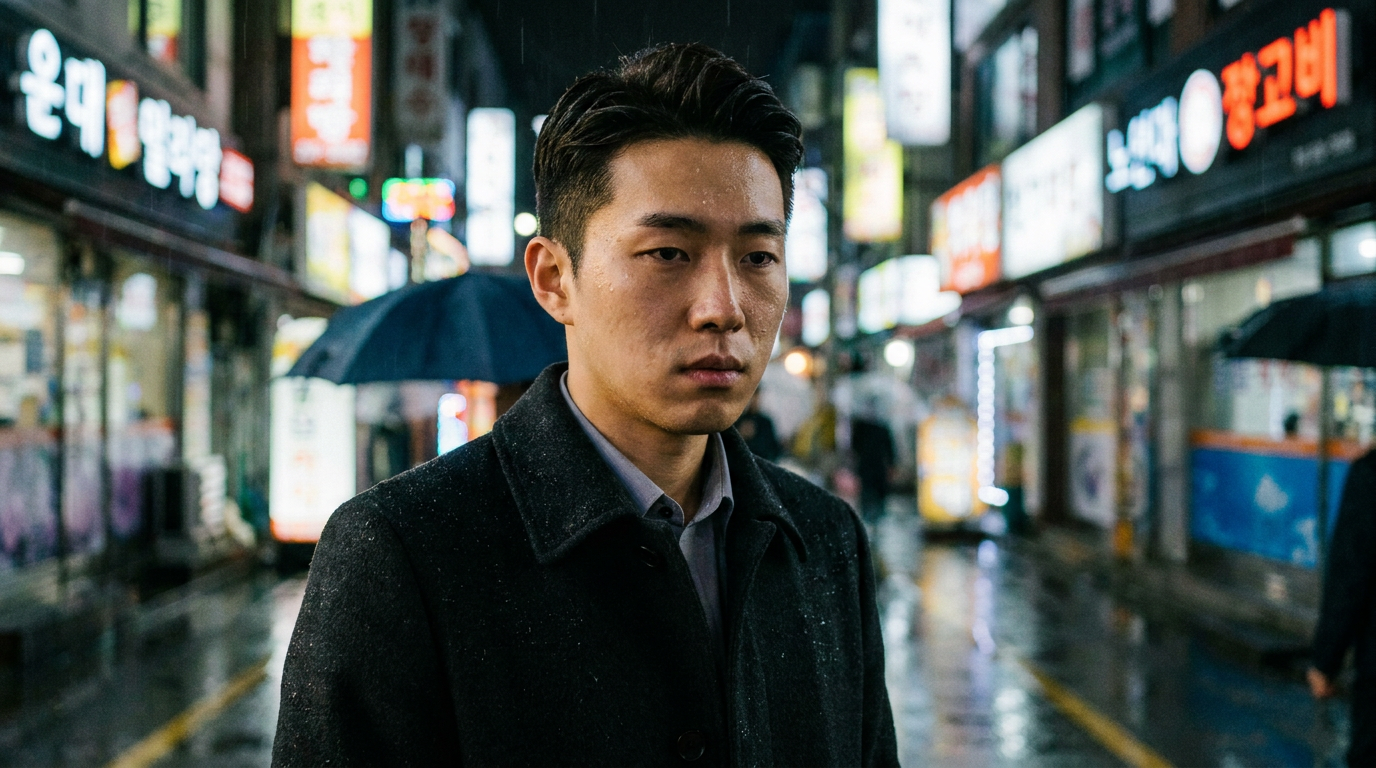 비 내리는 밤거리에 선 한국인 직장인 남성