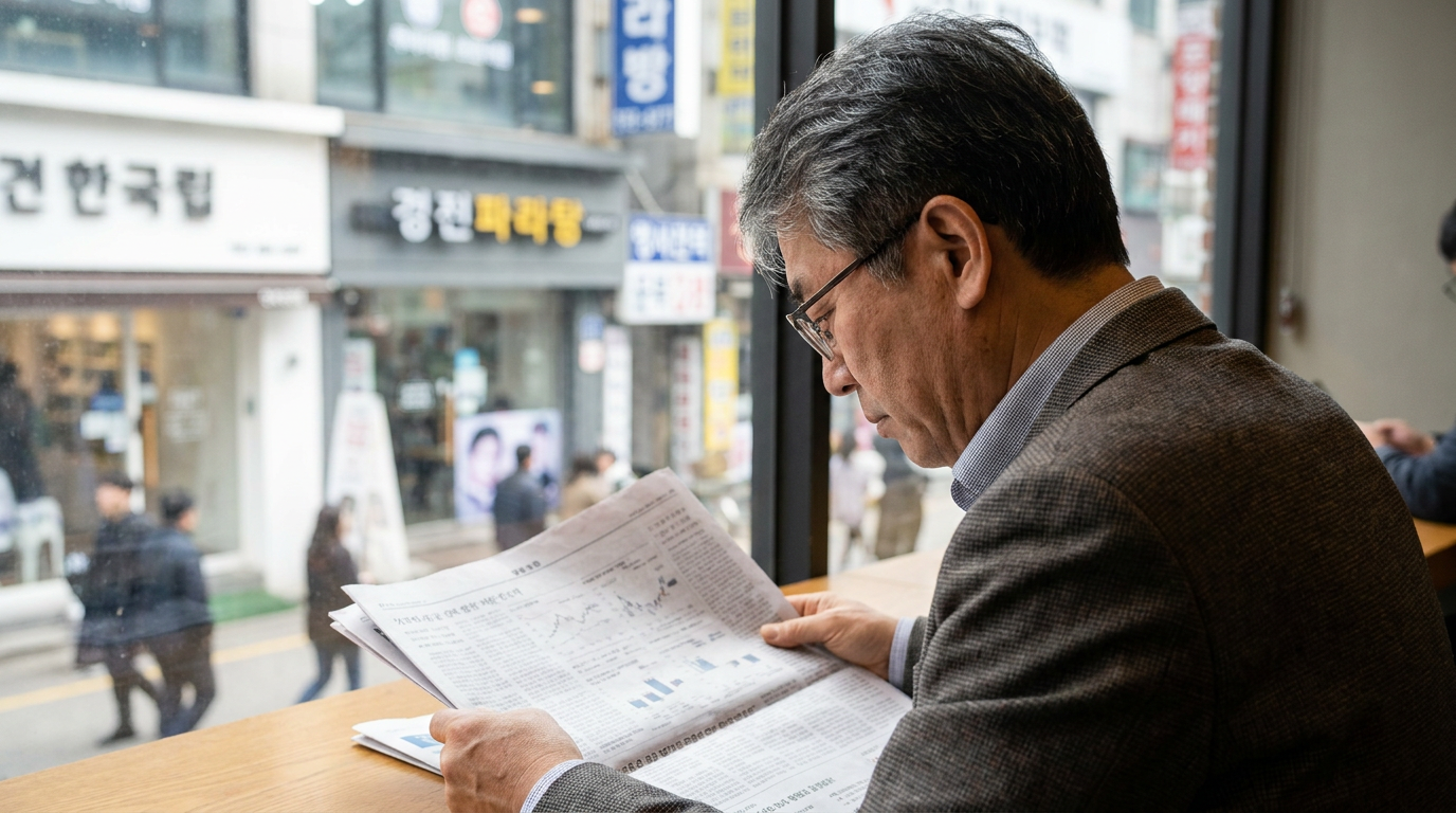 신문을 보며 주식을 분석하는 중년 투자자