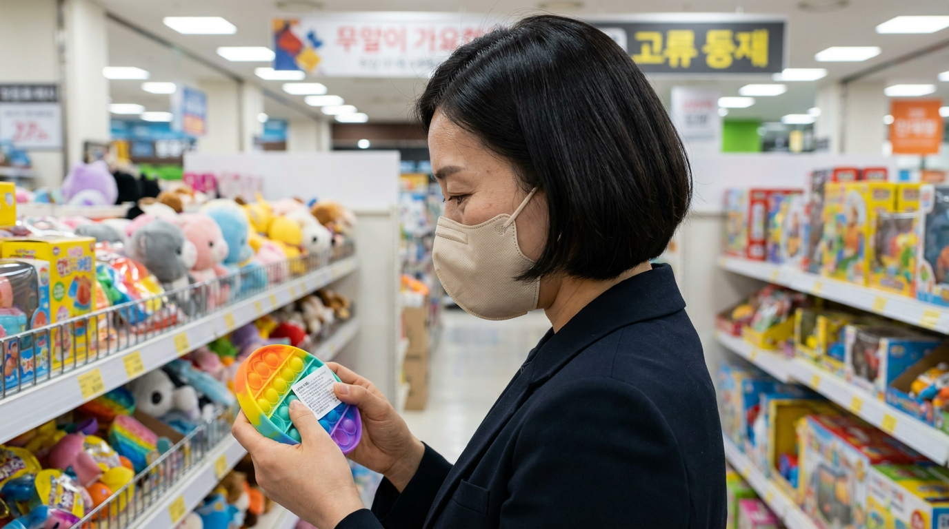 장난감 매장에서 성분표를 살펴보는 소비자