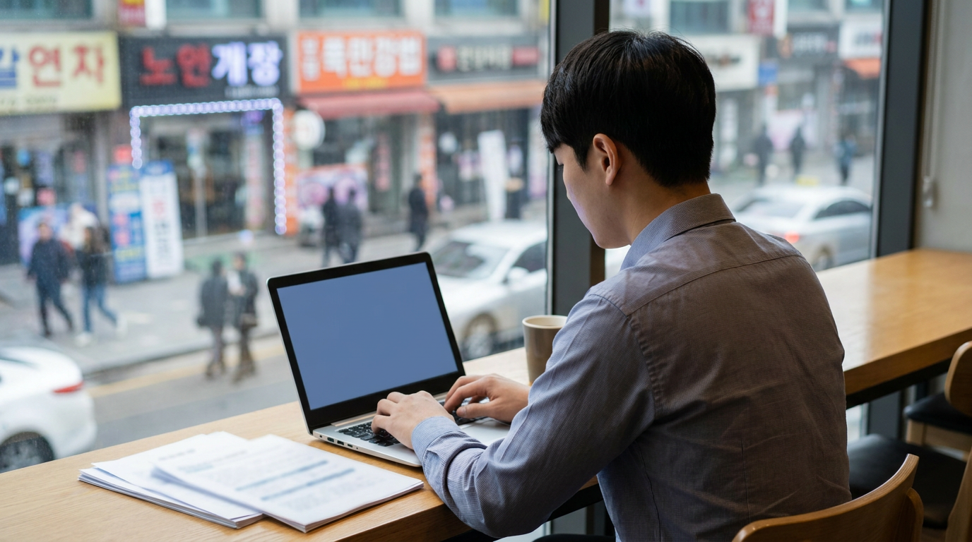 챗GPT 노트북 앞의 남성과 책상 위 서류