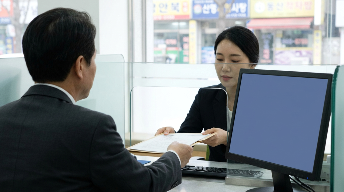 은행 창구에서 대출 상담을 받는 자영업자