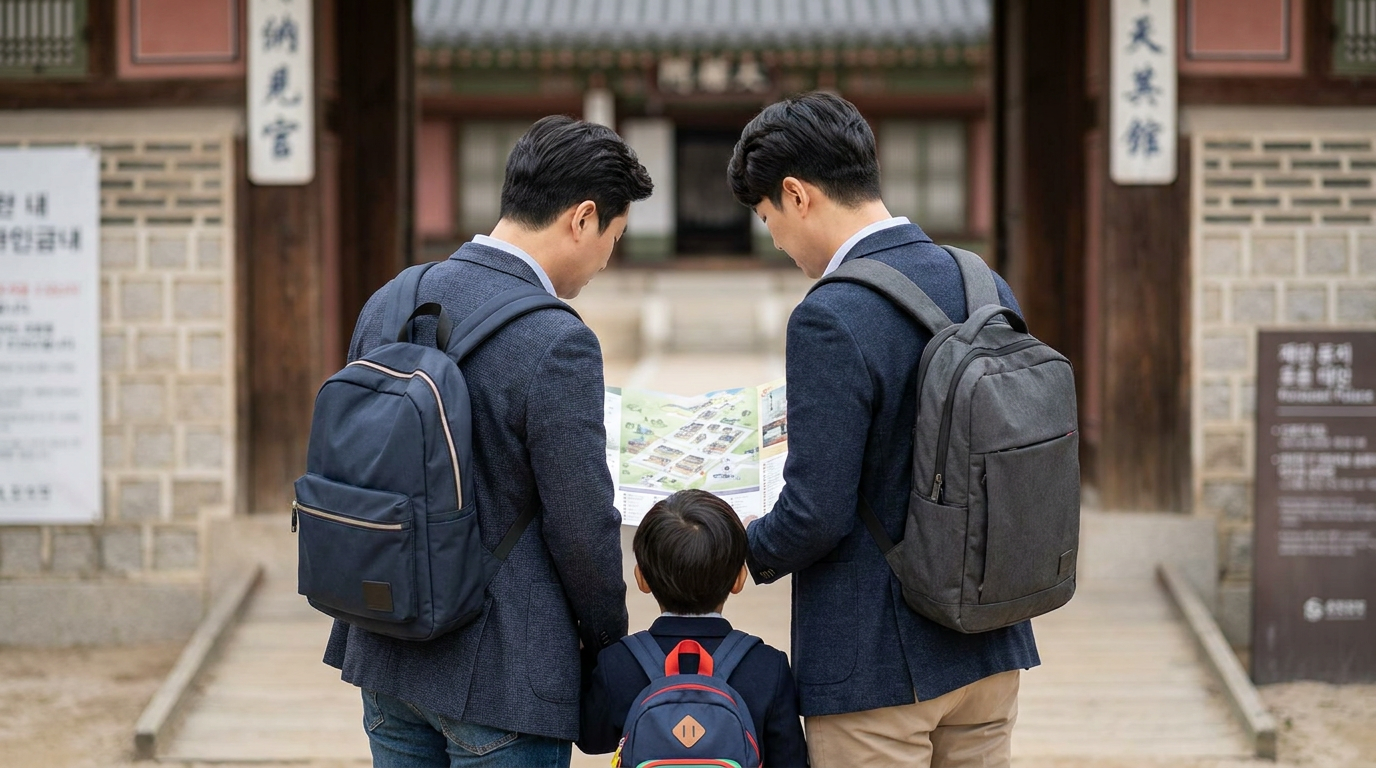 고궁 입구에서 스탬프 투어 지도를 보는 가족