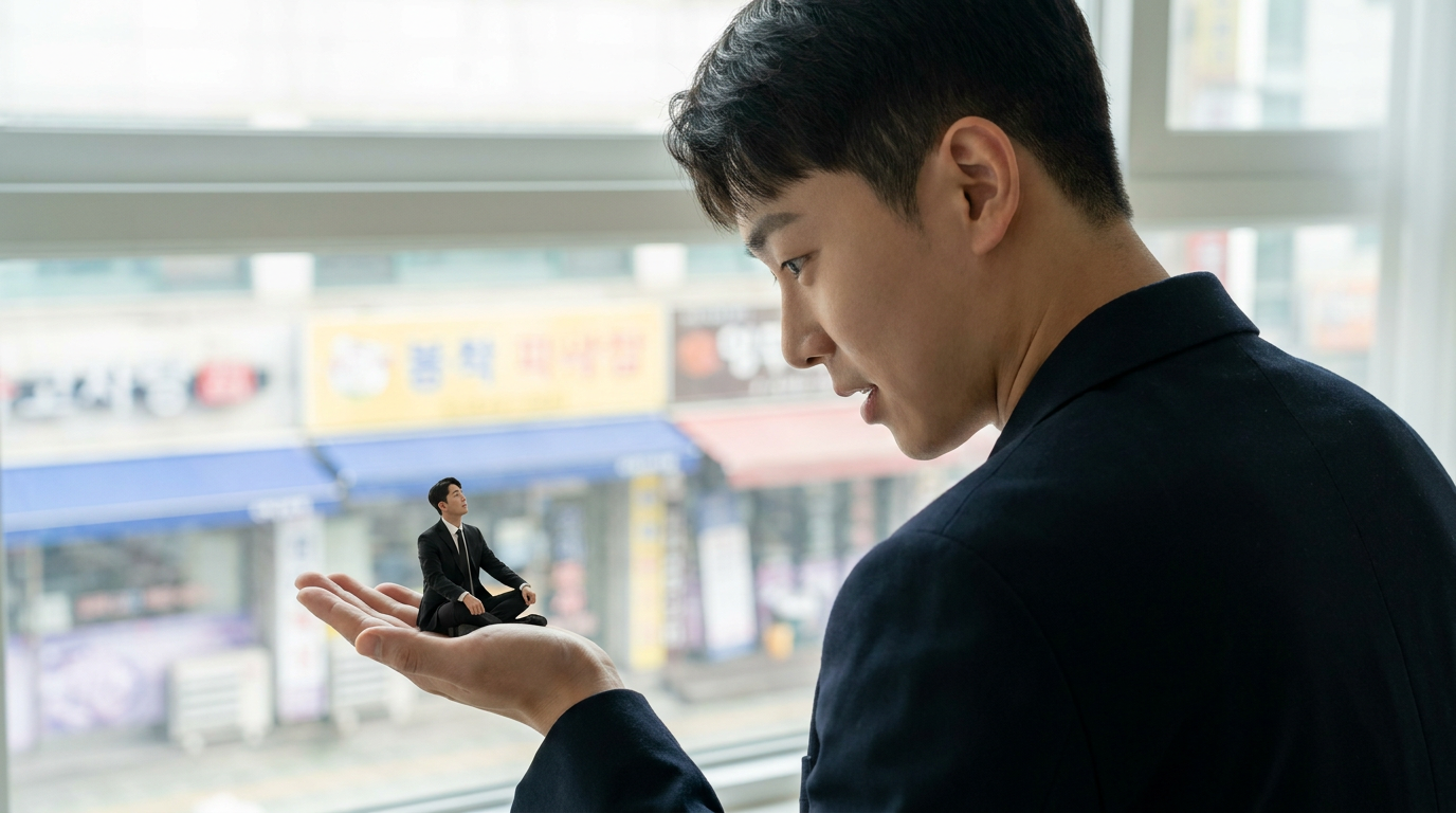 손바닥 위 정장 차림 꼬마를 보는 남성