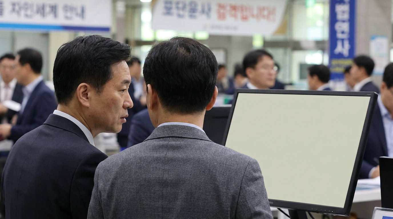 주식 전광판 앞에서 대화하는 두 남성