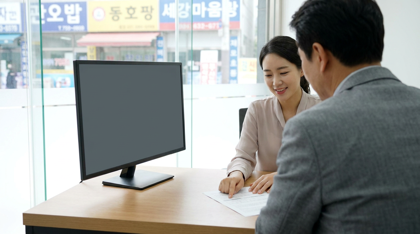 대출 상담 서류를 설명하는 직원과 소상공인