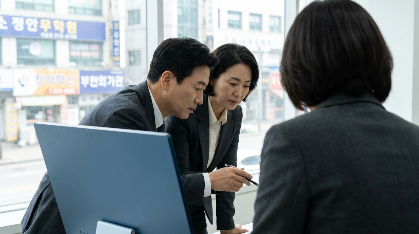 모니터의 실적 보고서를 분석하는 두 직장인