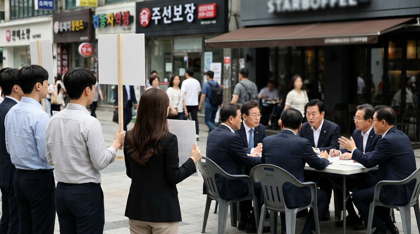 회의 중인 국회의원들과 피켓을 든 직장인들