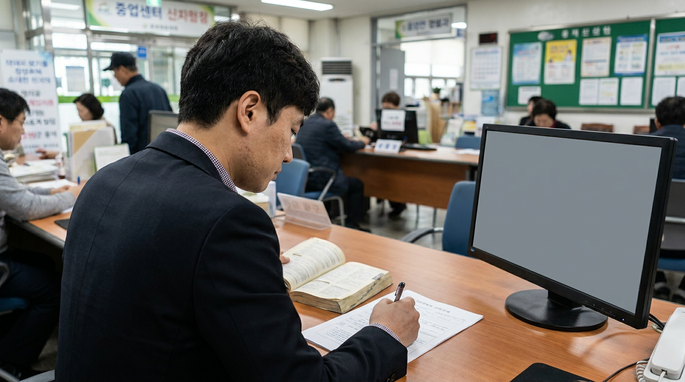 행정복지센터에서 서류를 작성하는 사람