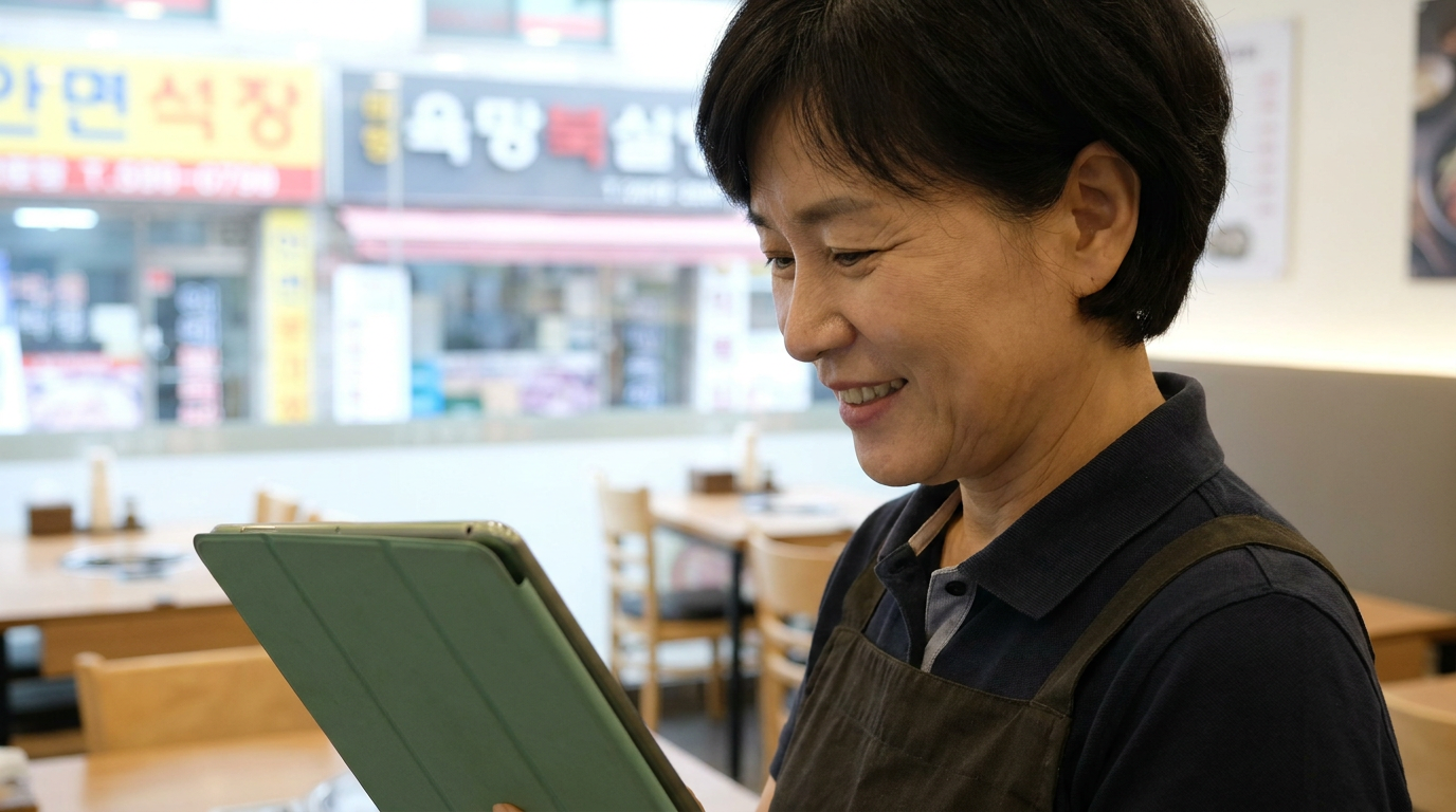 식당에서 태블릿을 보며 미소 짓는 여성