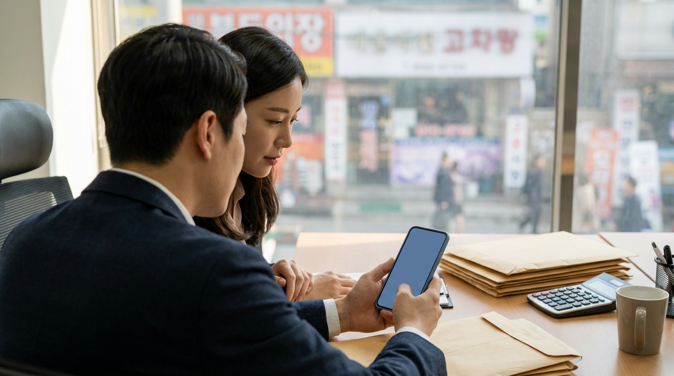 책상에 앉아 통장을 확인하는 부부