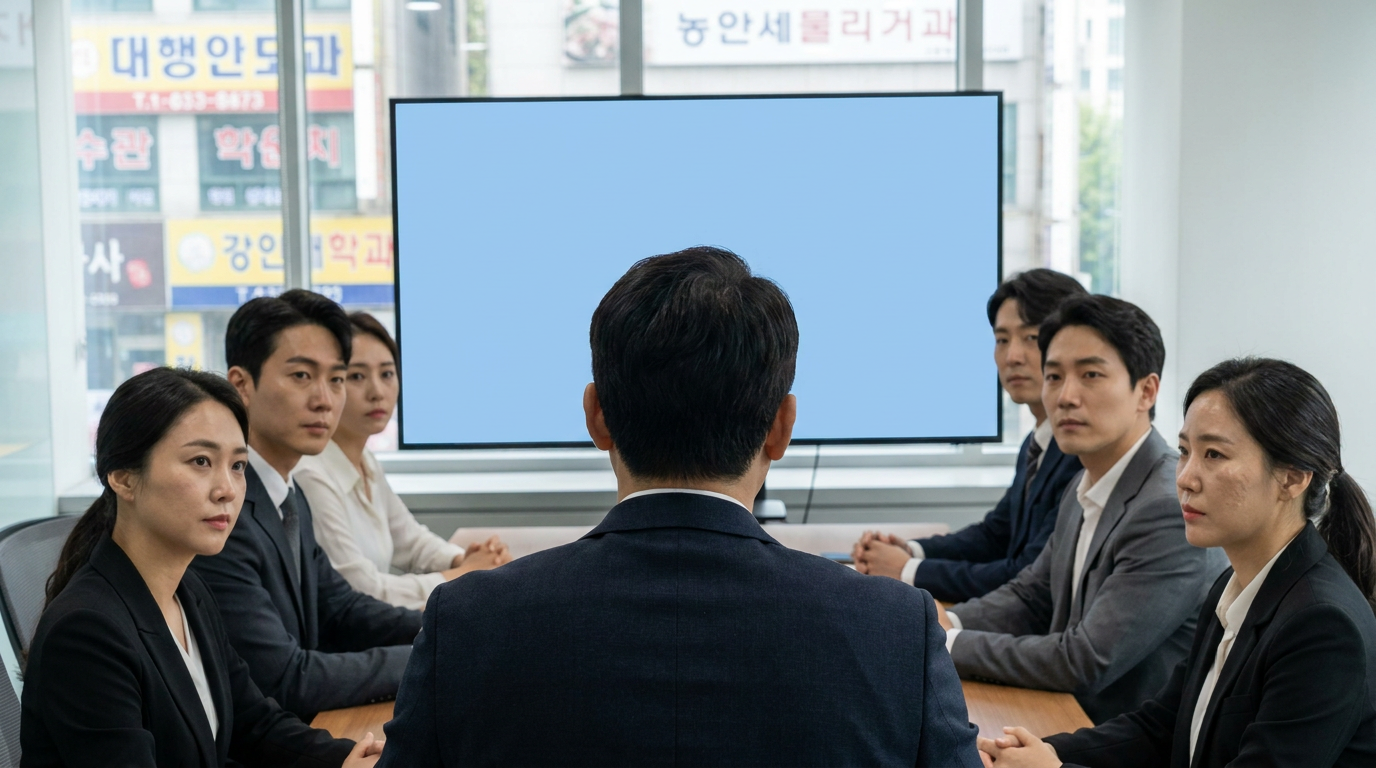 사무실에서 자료를 보며 회의하는 연구원들