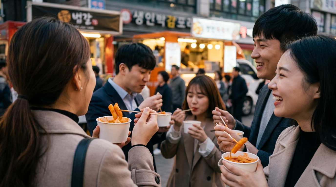 푸드트럭 앞에서 떡볶이를 먹는 가족과 연인들