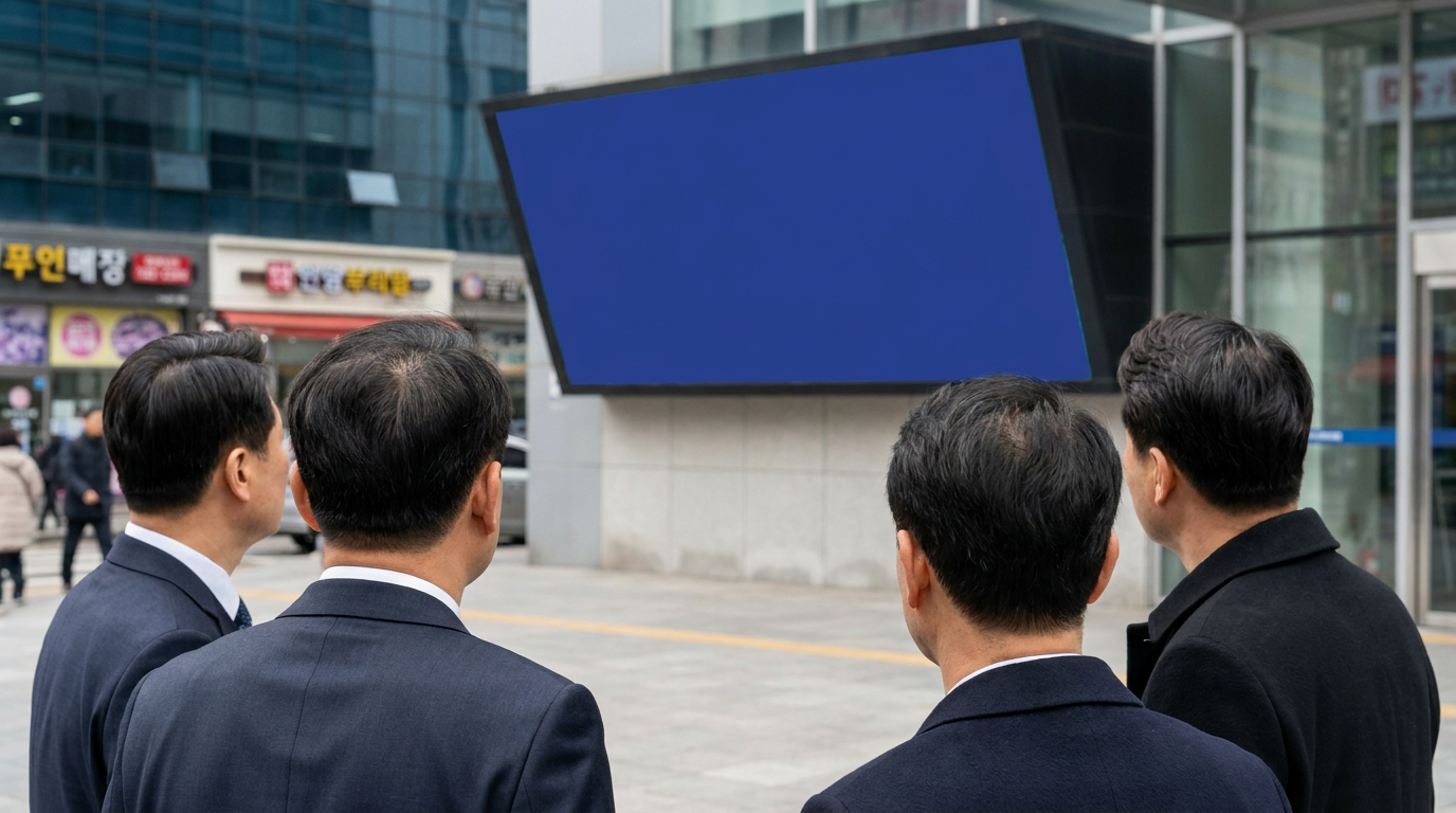 하락 주식 전광판을 심각하게 보는 투자자들
