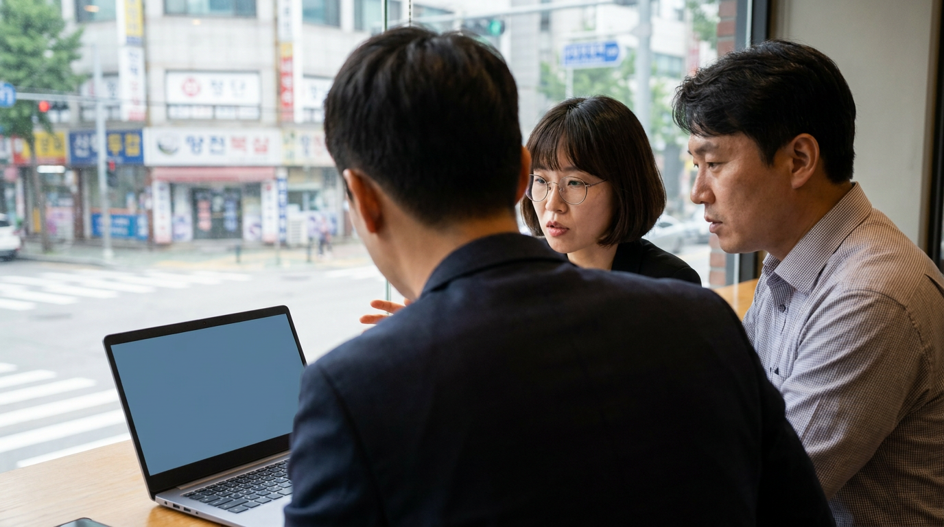 카페에서 노트북을 보며 대화하는 직장인들