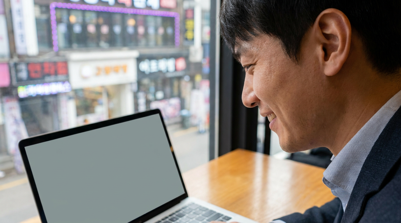 노트북을 보며 흐뭇하게 웃는 한국인 직장인
