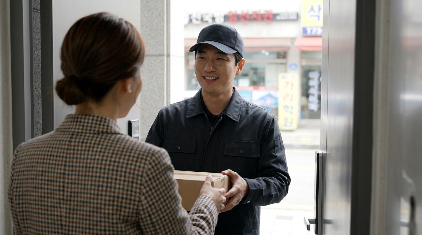 현관 앞에서 택배를 전달하는 택배 기사