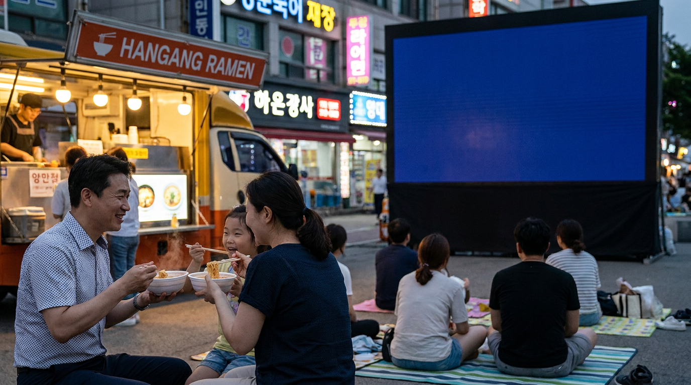 푸드트럭 앞의 사람들과 스크린을 보는 시민들