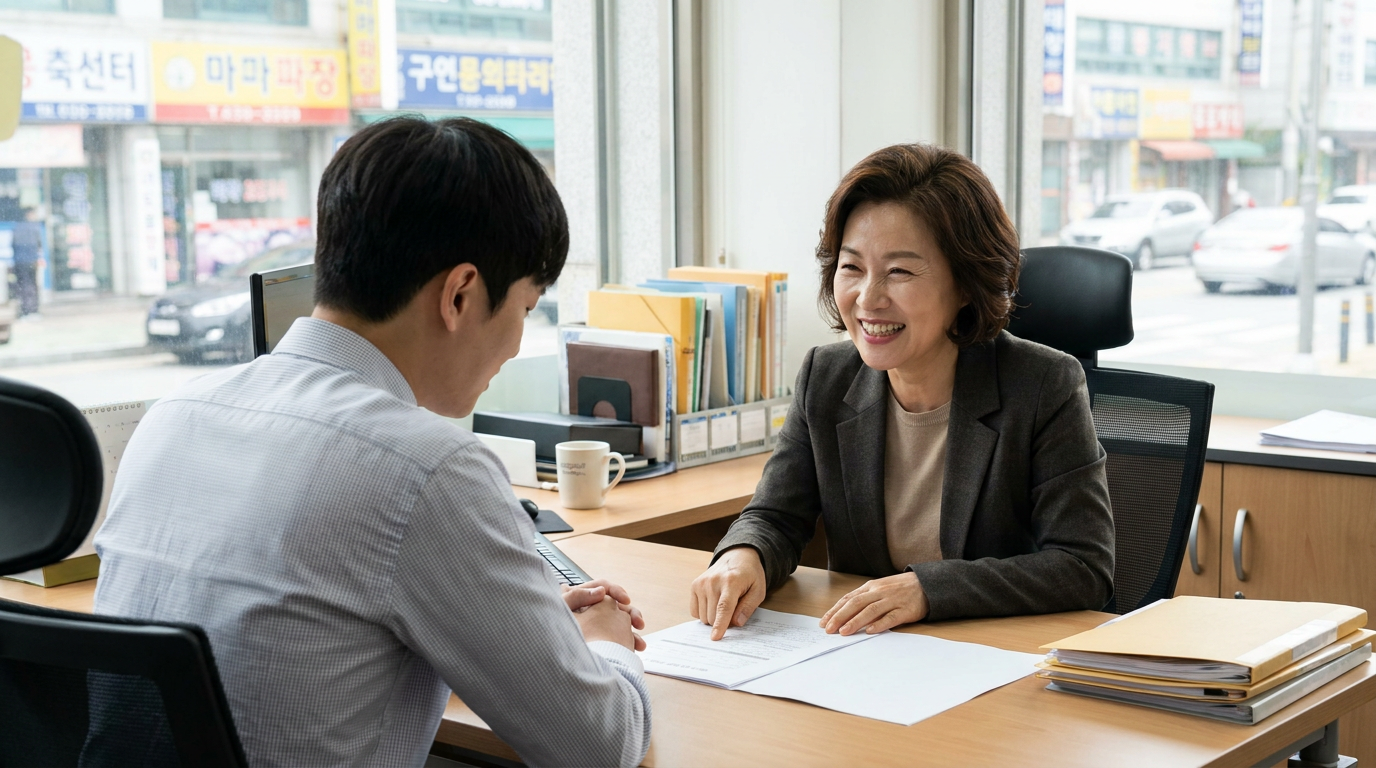 사무실에서 서류를 보며 웃는 직장인과 사업주