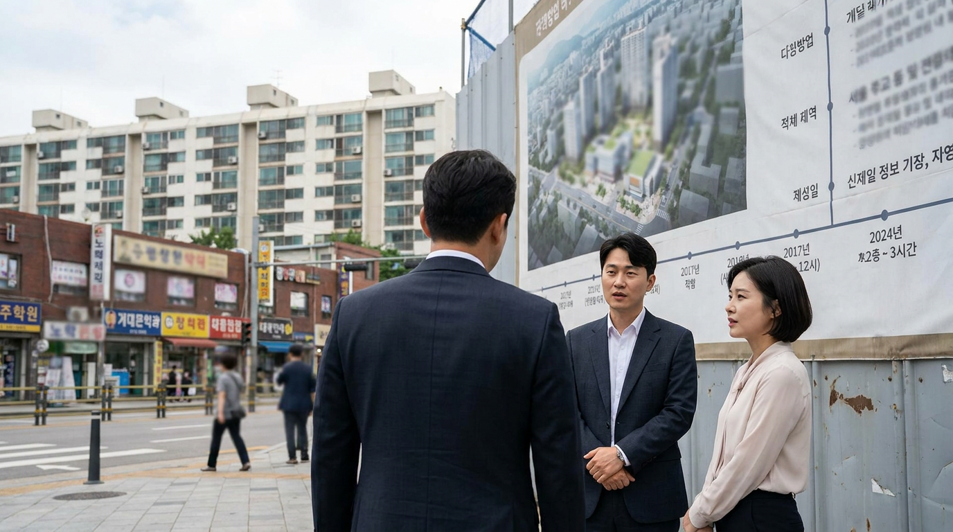 현수막 앞에서 대화하는 직장인과 아파트