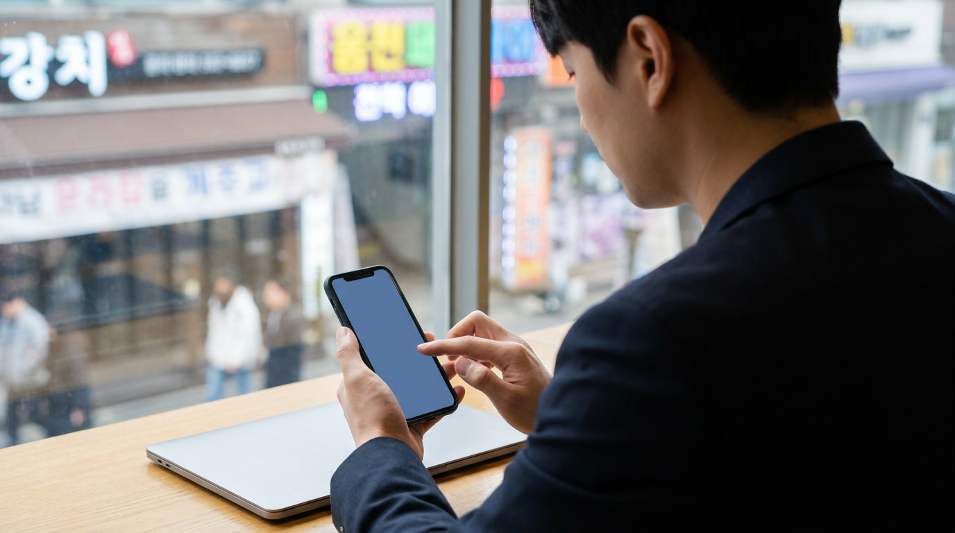 카페에서 스마트폰 화면을 터치하는 남성