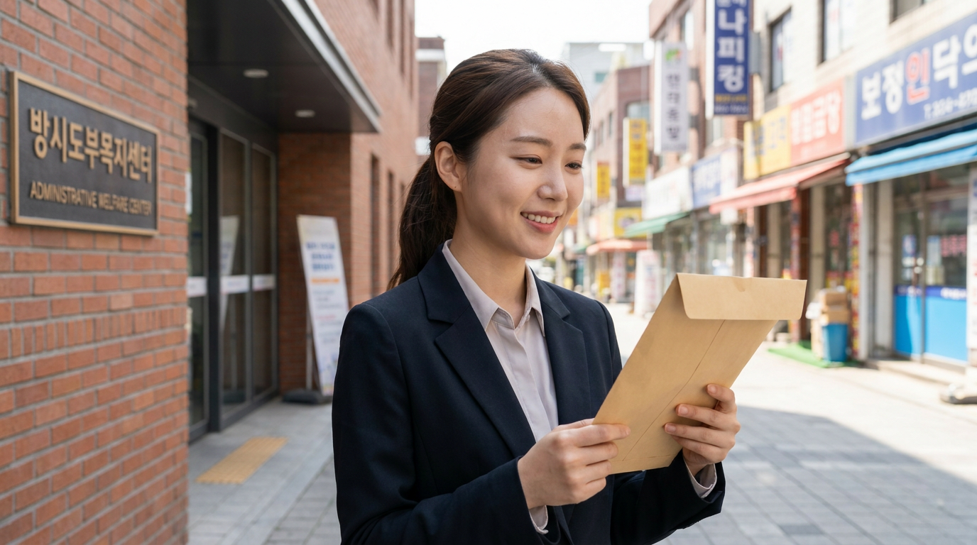 행정복지센터 앞 서류 봉투를 든 여성