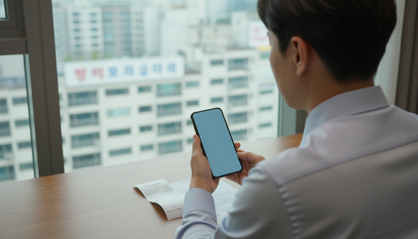 스마트폰으로 가전 영수증을 촬영하는 직장인
