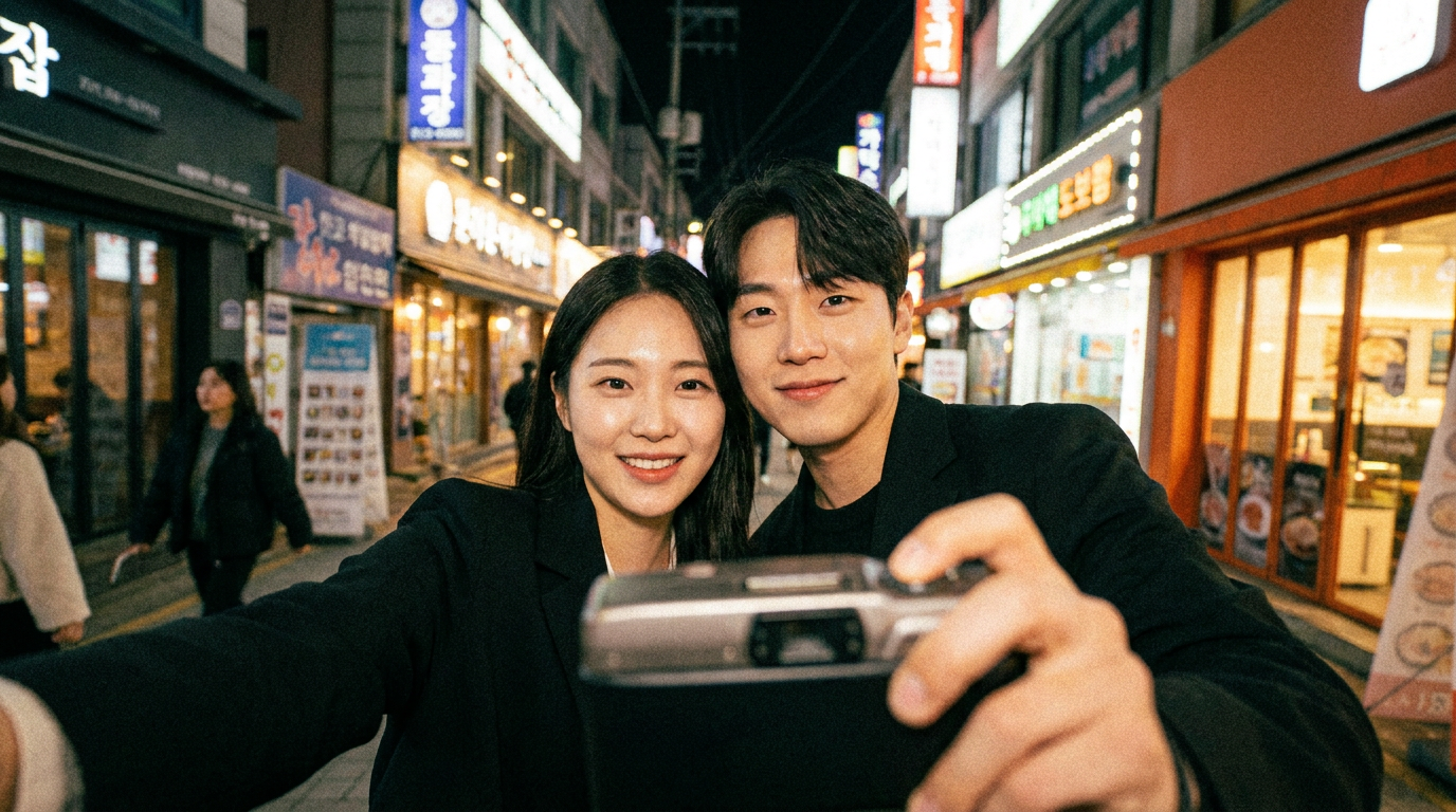 네온사인 밤거리를 배경으로 셀카를 찍는 남녀