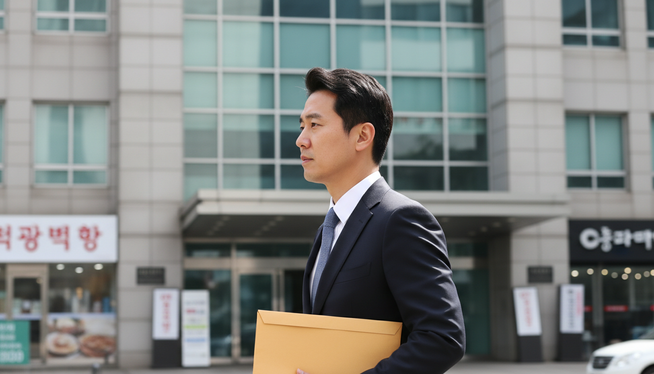 서류 봉투를 들고 관공서 앞을 걷는 남성