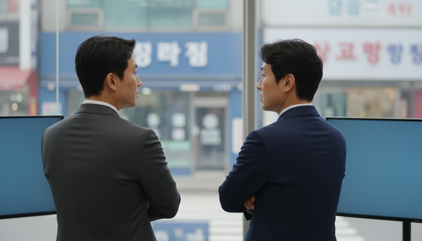 대화하는 금융 전문가들과 증권사 내부 스크린