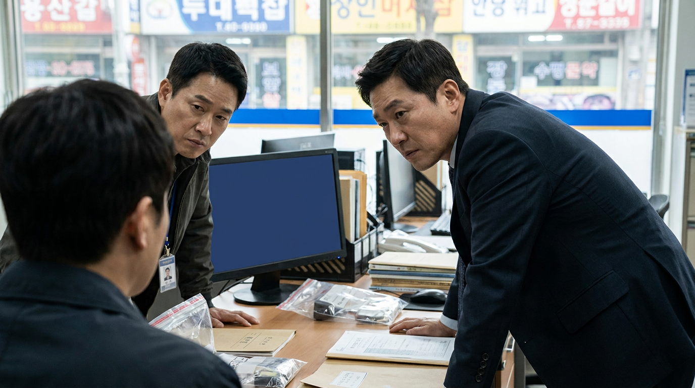 책상 위 증거물과 수사 기록을 보는 수사관들