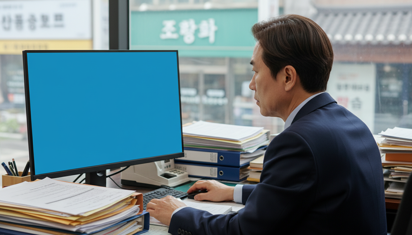 모니터의 매출 통계를 분석하는 중년 소상공인