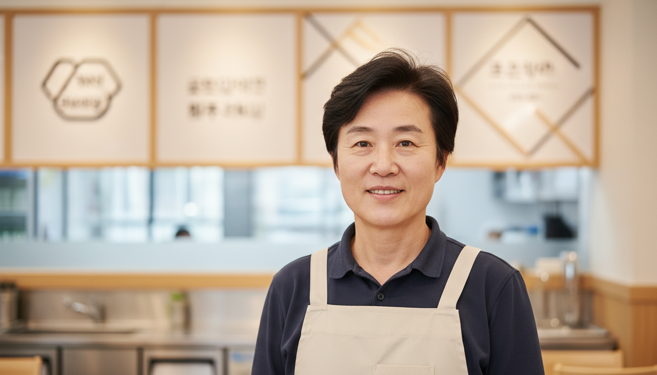 앞치마를 입고 식당 안에 서 있는 사장님