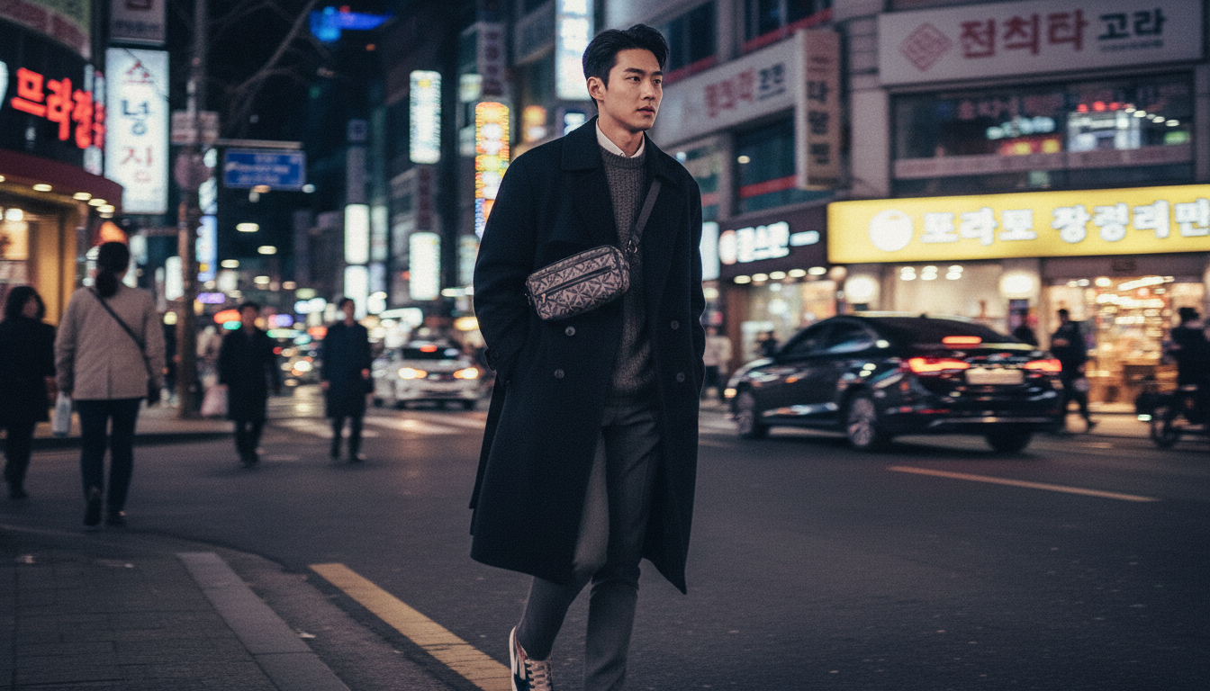 화려한 네온사인 번화가를 걷는 한국인 남성