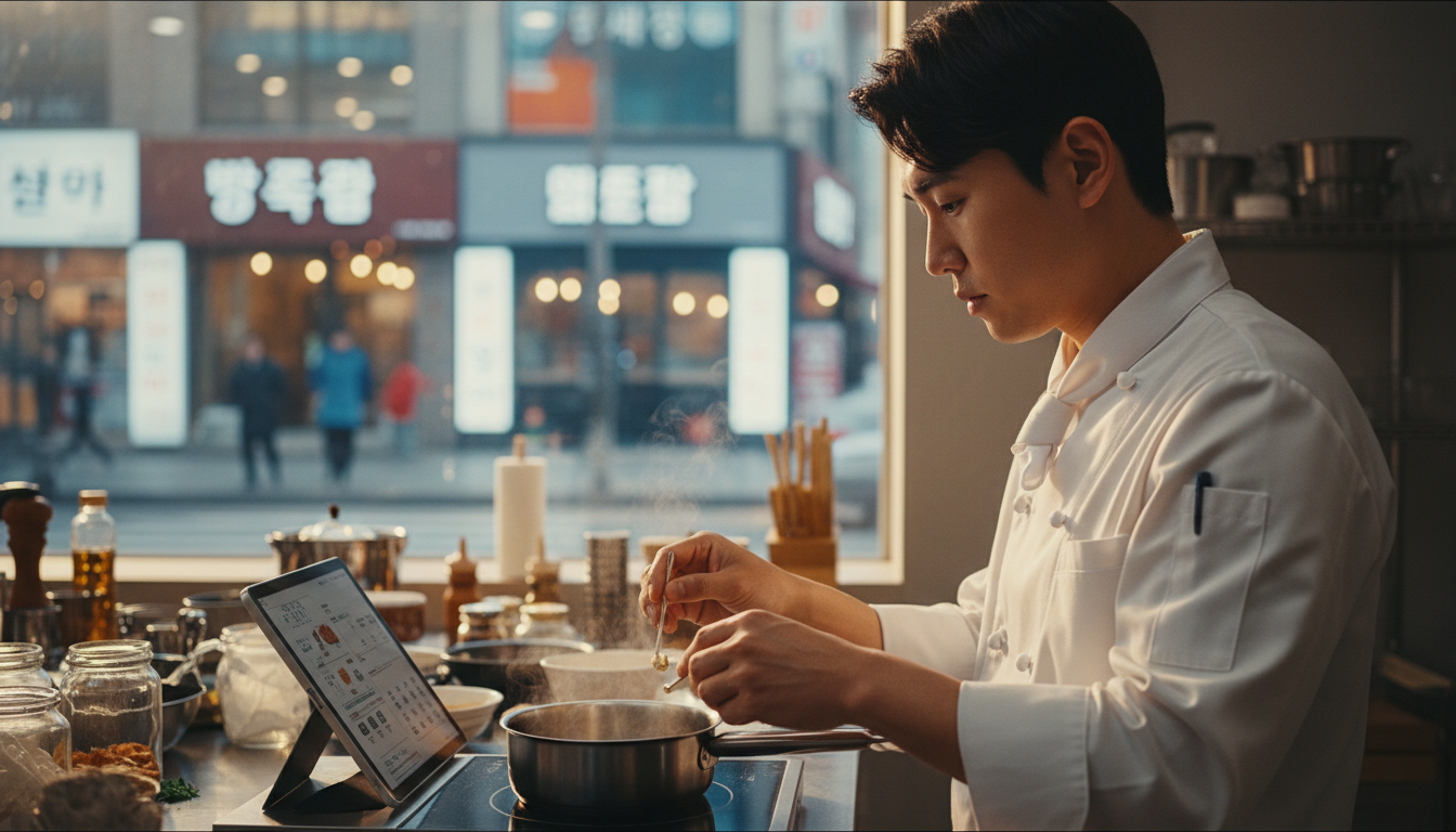 식당 주방에서 위생복을 입고 요리하는 셰프