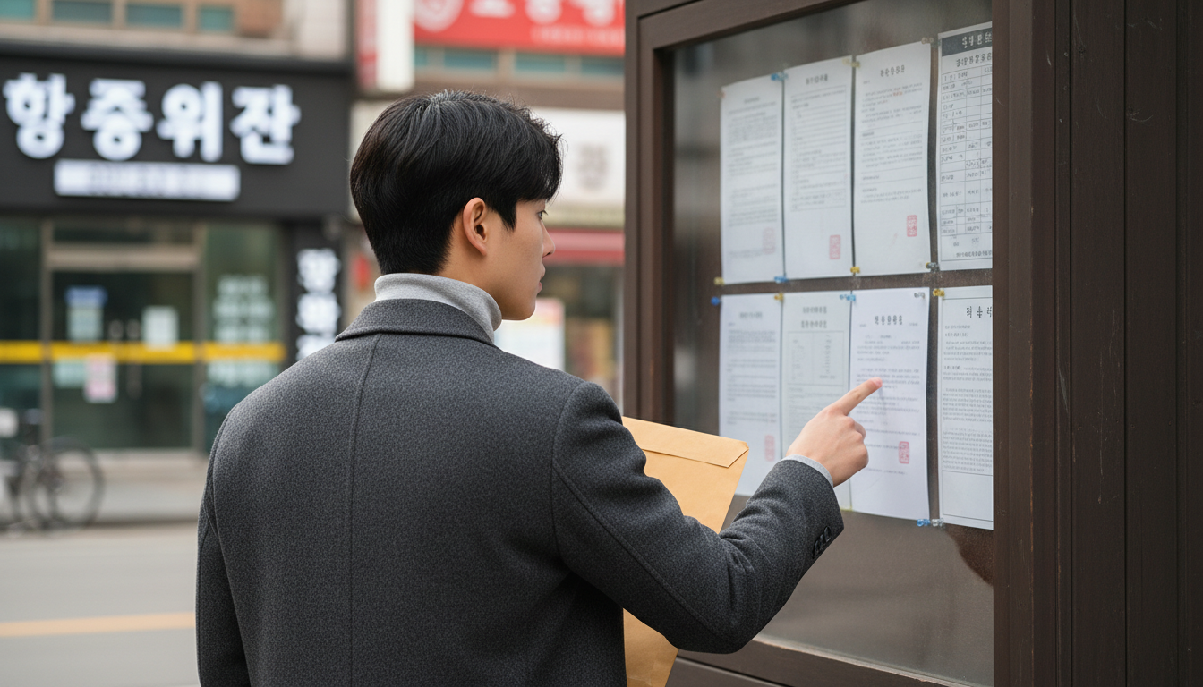 주민센터 앞에서 공고문을 읽는 대학생