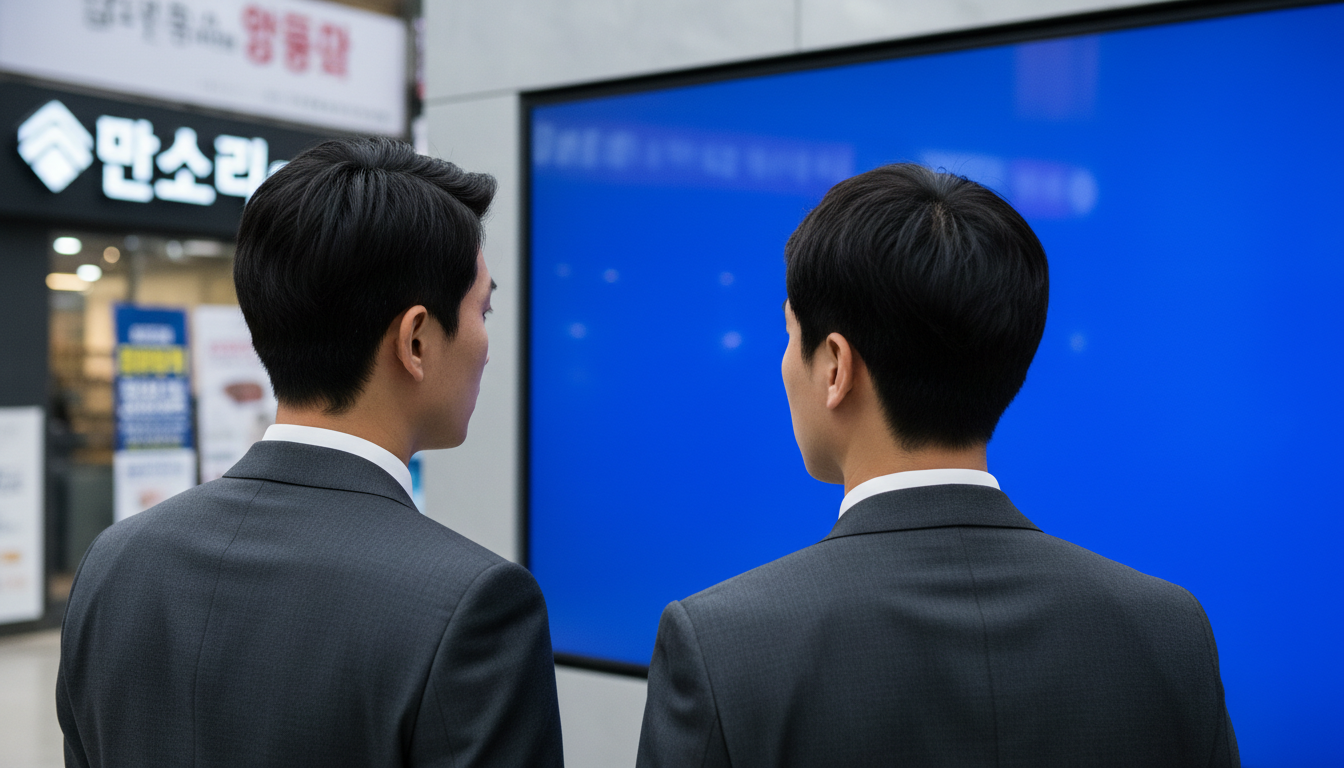 전광판의 하락 화살표를 바라보는 투자자들