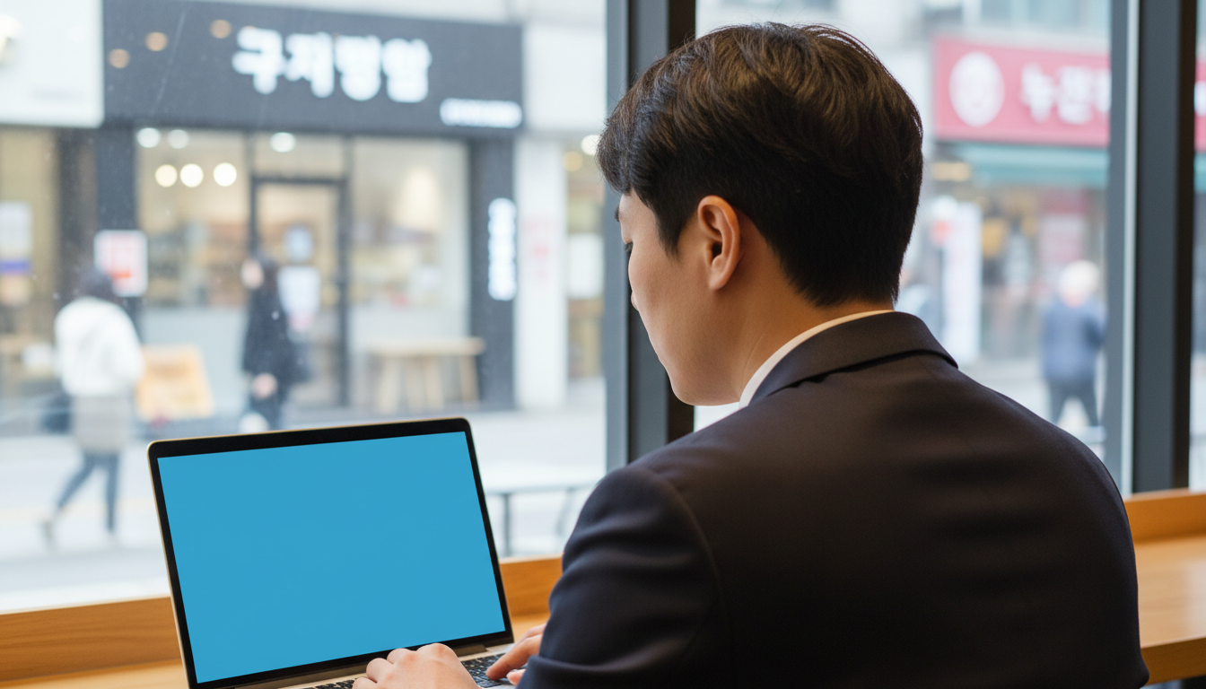 카페에서 노트북으로 금리 기사를 보는 남성