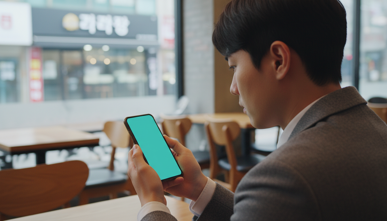 카페에서 스마트폰 주식 차트를 보는 직장인