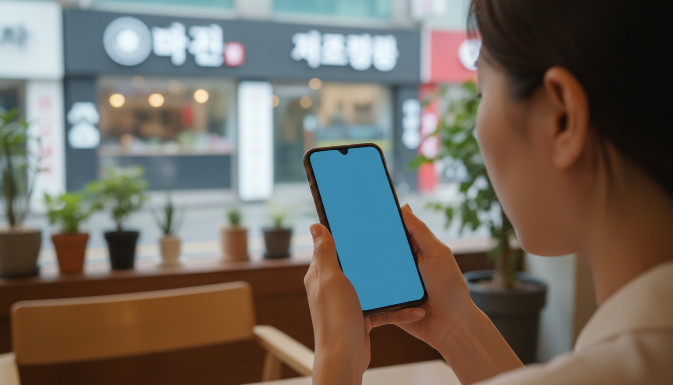 스마트폰으로 인공지능 그림 사이트를 보는 손