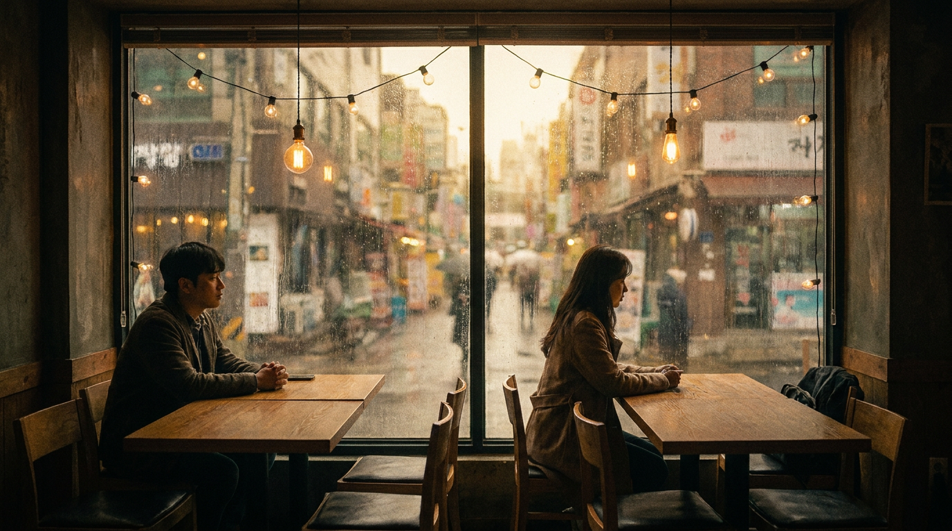 포스터 화면의 스마트폰을 든 여성의 손