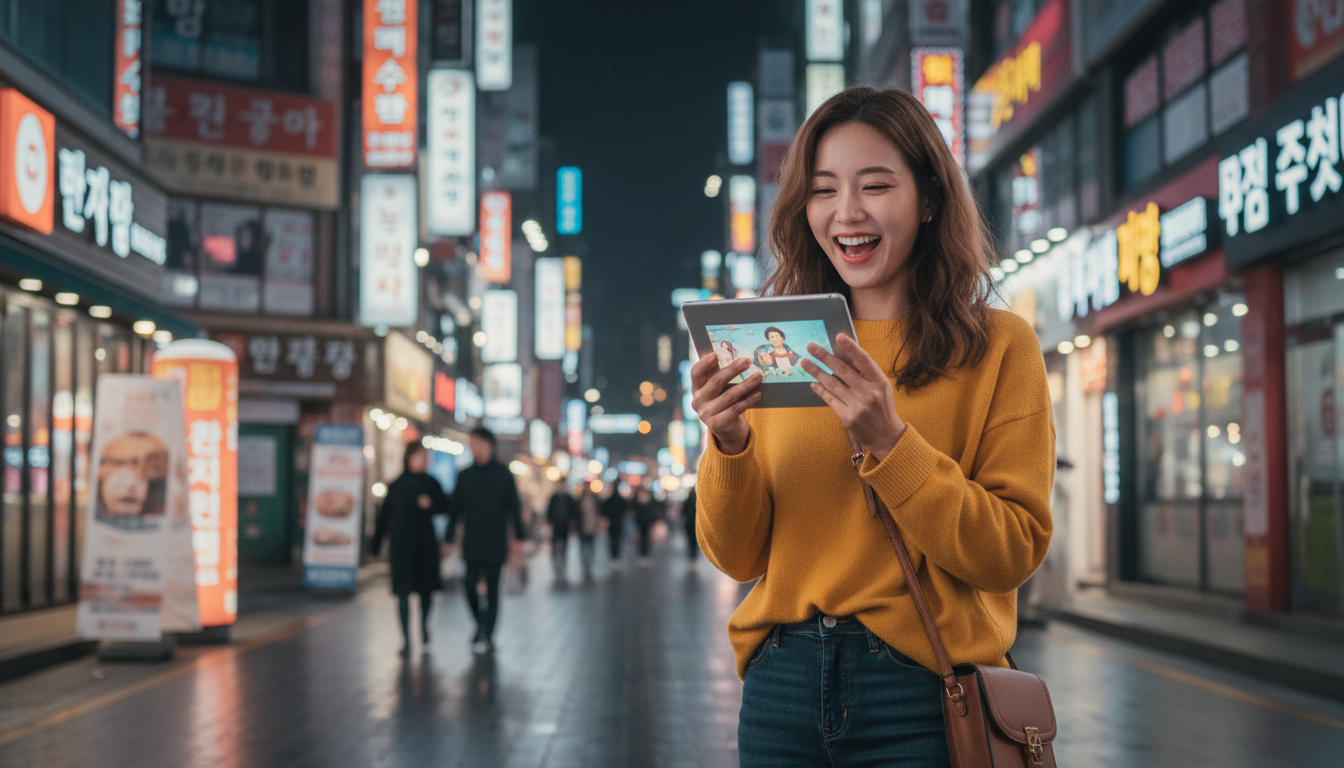거리에서 태블릿으로 영상을 보는 한국인 여성