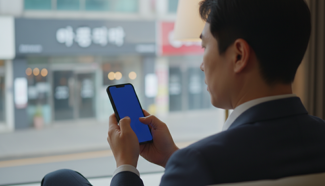 스마트폰으로 옛날 사진을 올리는 남성의 손
