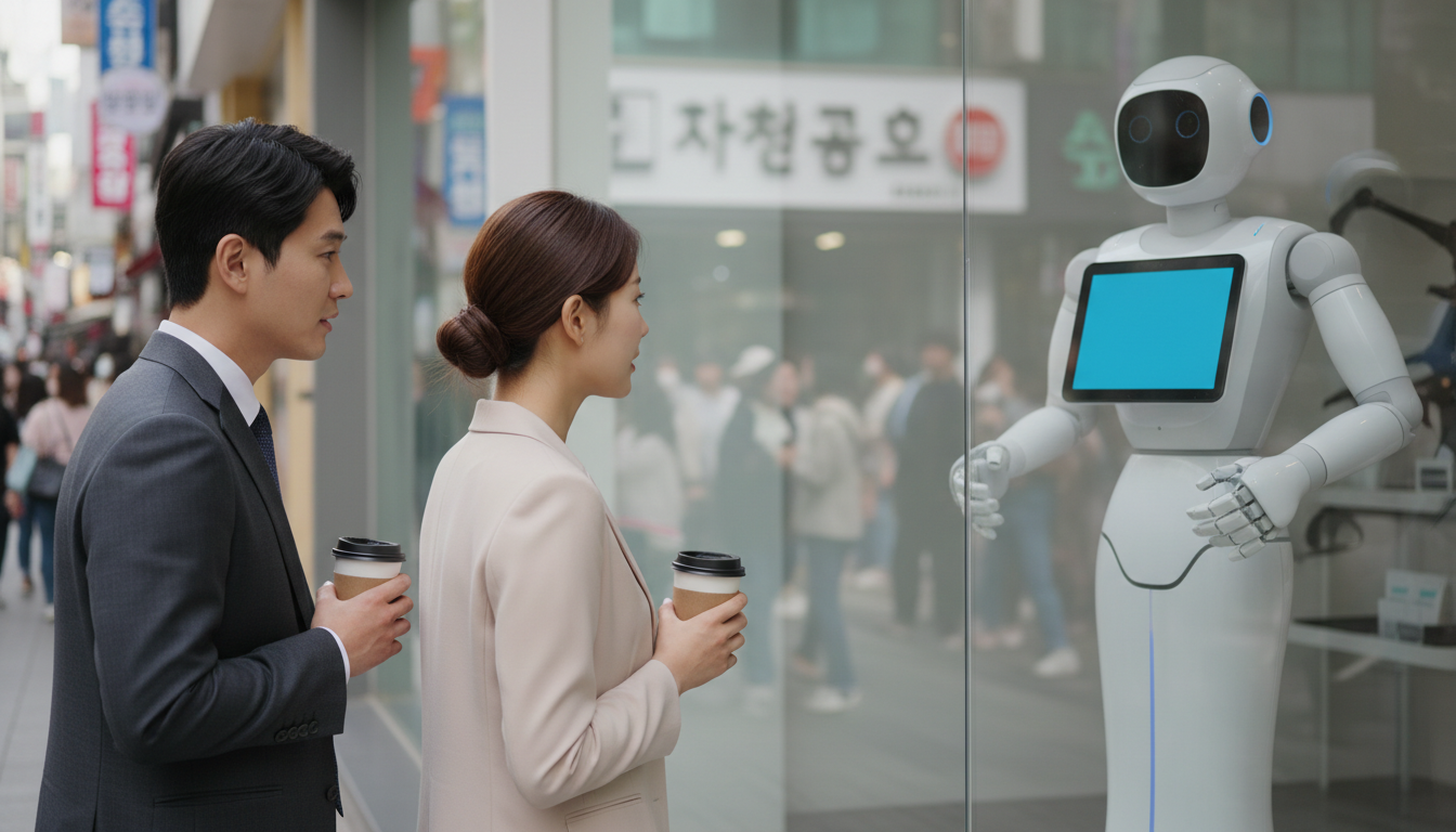 거리 상점의 서빙 기계를 구경하는 사람들