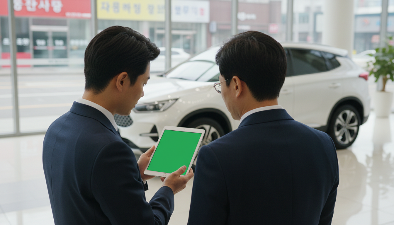 태블릿을 보며 차량 상담을 하는 딜러와 고객