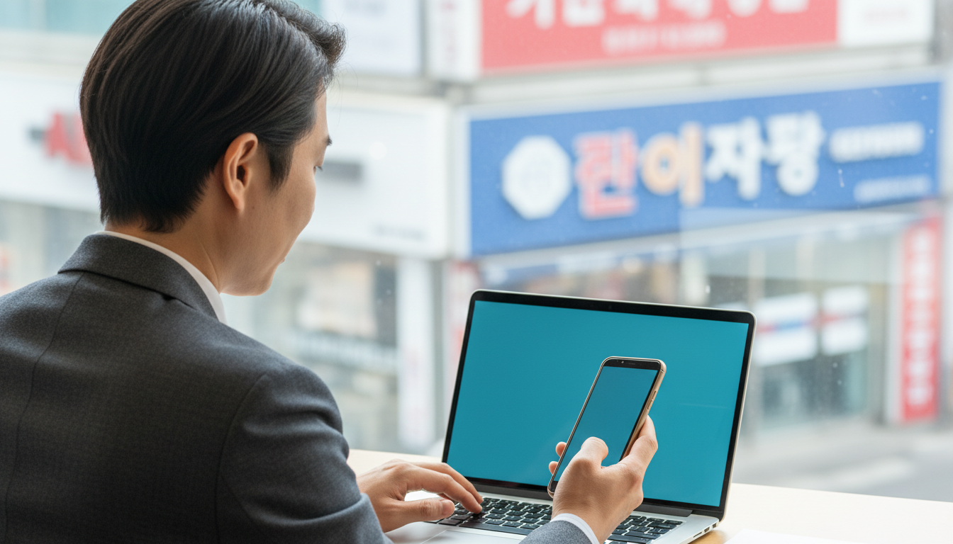 노트북으로 마케팅 교육을 받는 소상공인들