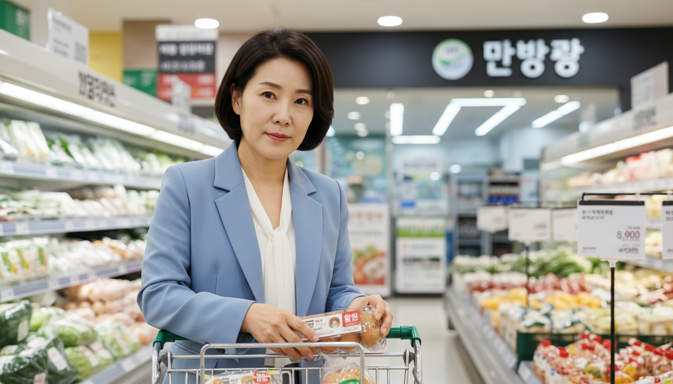 대형 마트에서 카트에 식재료를 담는 여성
