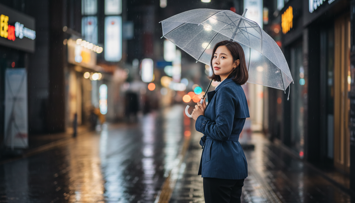 비 오는 밤거리 우산을 쓰고 뒤돌아보는 여성